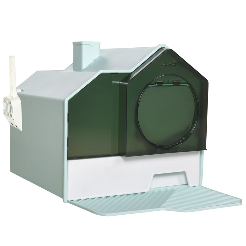 PawHut Hooded Cat Litter Tray w/ Scoop, Drawer Pan Handle Deodorants Light Blue