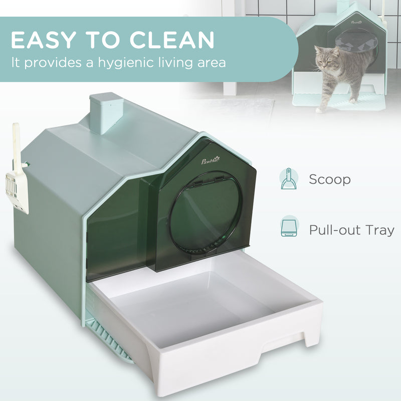 PawHut Hooded Cat Litter Tray w/ Scoop, Drawer Pan Handle Deodorants Light Blue
