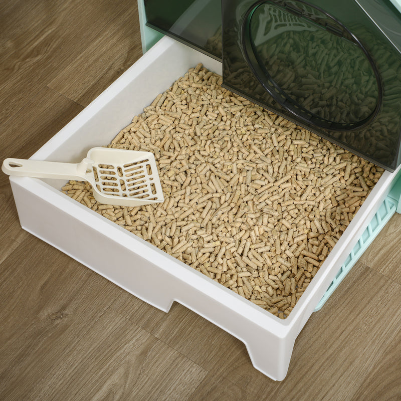PawHut Hooded Cat Litter Tray w/ Scoop, Drawer Pan Handle Deodorants Light Blue