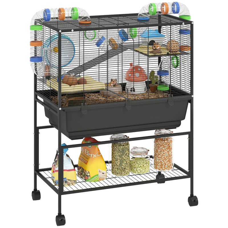 PawHut Hamster Cage, Gerbil Cage On Wheels With Storage Shelf