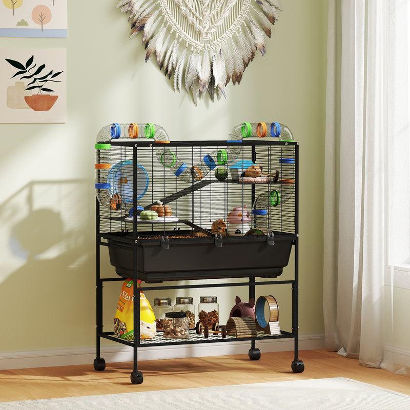PawHut Hamster Cage, Gerbil Cage On Wheels With Storage Shelf