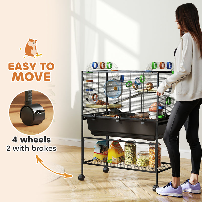 PawHut Hamster Cage, Gerbil Cage On Wheels With Storage Shelf