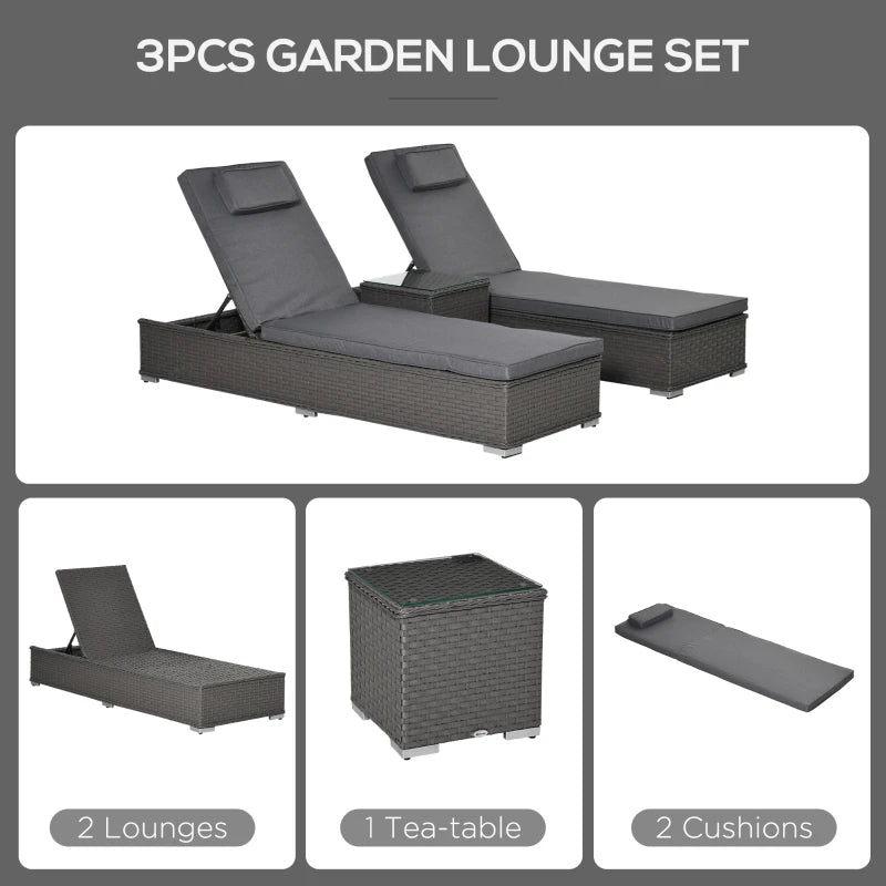 Outsunny Outdoor Rattan Lounger Set with Table - Grey