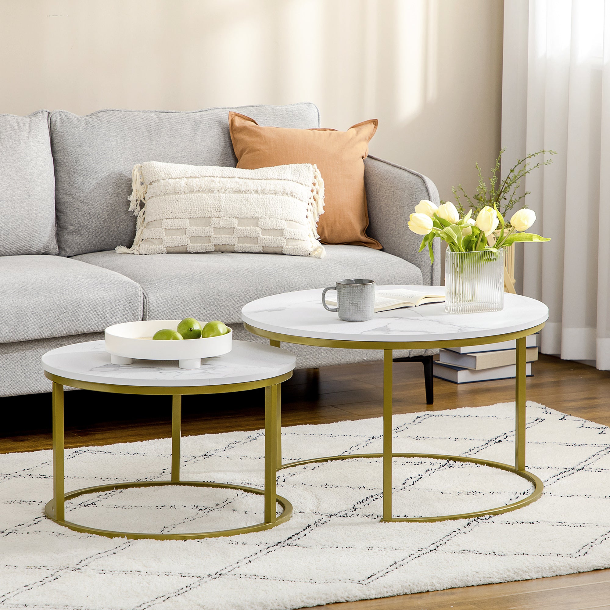 HOMCOM Marble Coffee Table Set of 2, Round Nest of Tables for Living R