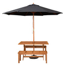 Outdoor 4 Person Rectangular Wooden Garden Dining Table, 2 Benches with Black Parasol and Base Set