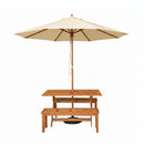 Outdoor 4 Person Rectangular Wooden Garden Dining Table, 2 Benches with Cream Parasol and Base Set