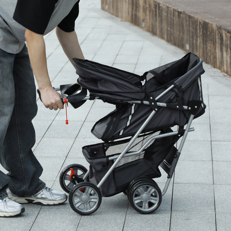 PawHut Pet Stroller Carrier Foldable Deluxe Walk Travel Dog Dark Grey