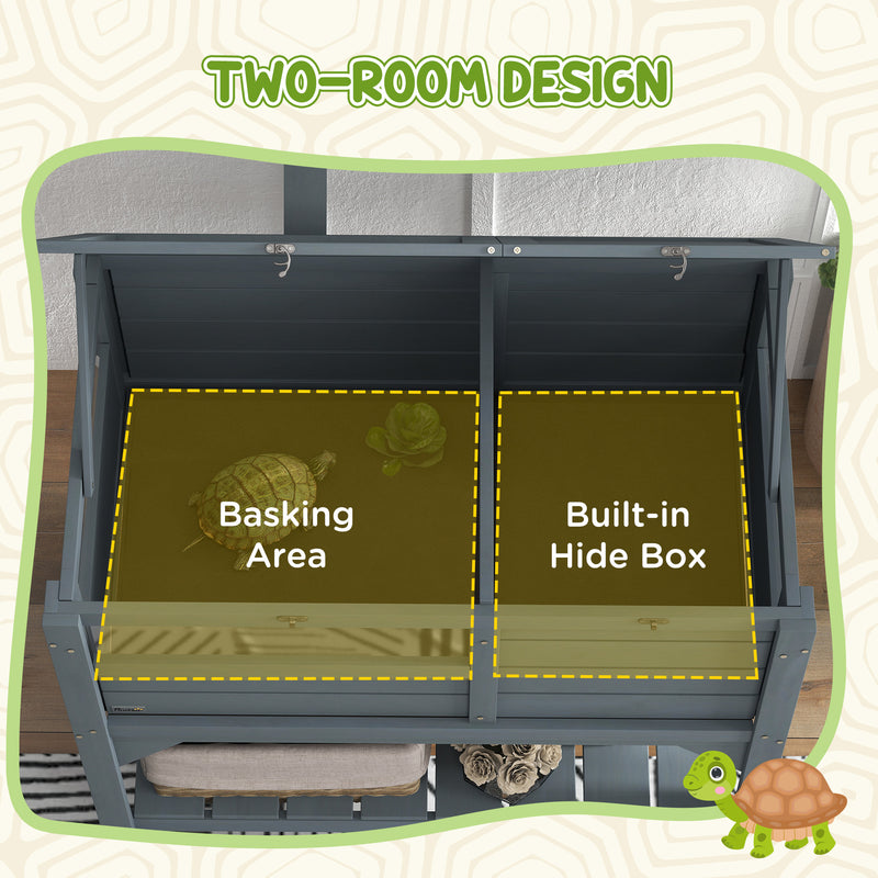 PawHut Wooden Tortoise House w/ Run, Shelter, Shelf, Lamp Holder, Grey