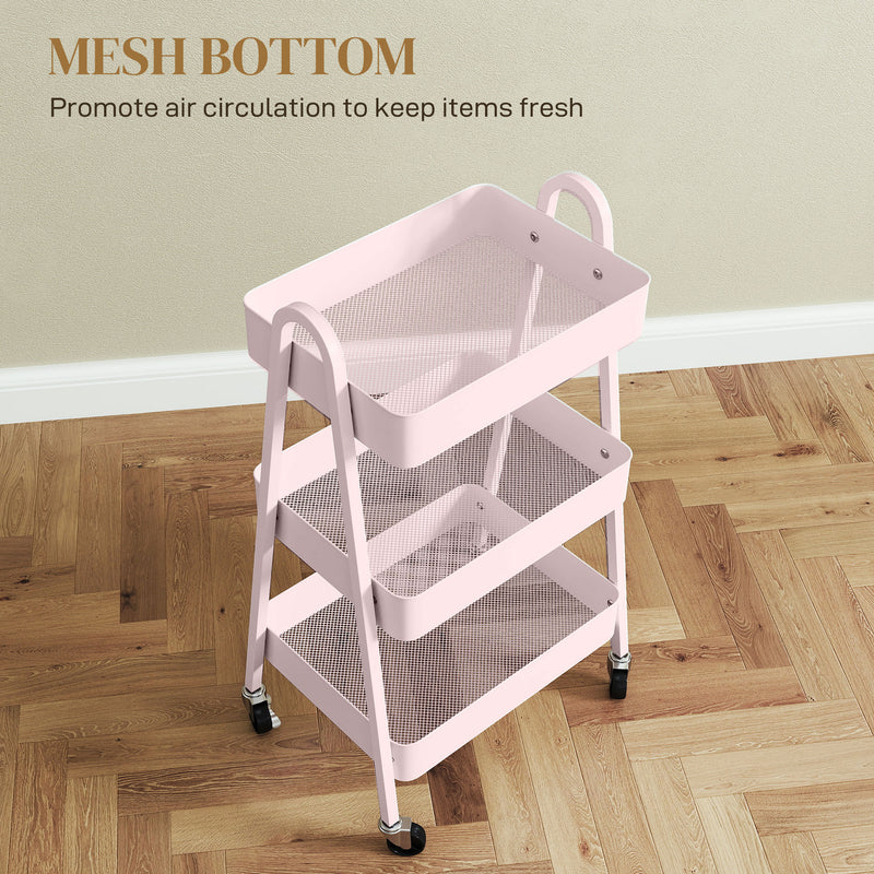 HOMCOM 3-Tier Rolling Utility Cart Kitchen Storage Trolley On Wheels