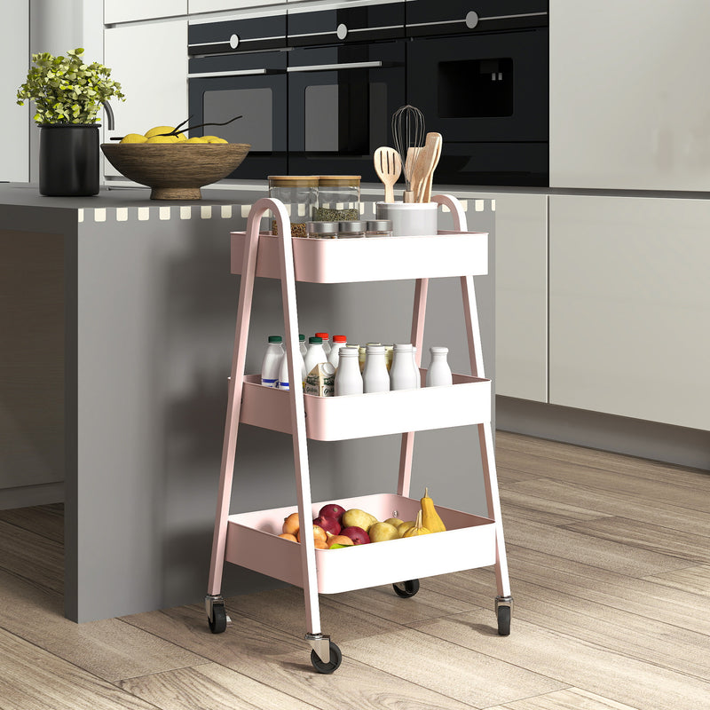 HOMCOM 3-Tier Rolling Utility Cart Kitchen Storage Trolley On Wheels