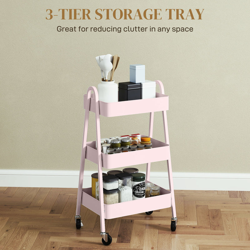 HOMCOM 3-Tier Rolling Utility Cart Kitchen Storage Trolley On Wheels