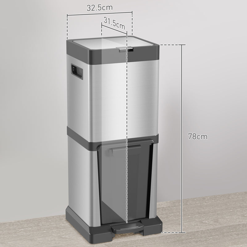 HOMCOM 20+14L Double Kitchen Bin, Pedal Bin With Soft-Close Lid, Silver
