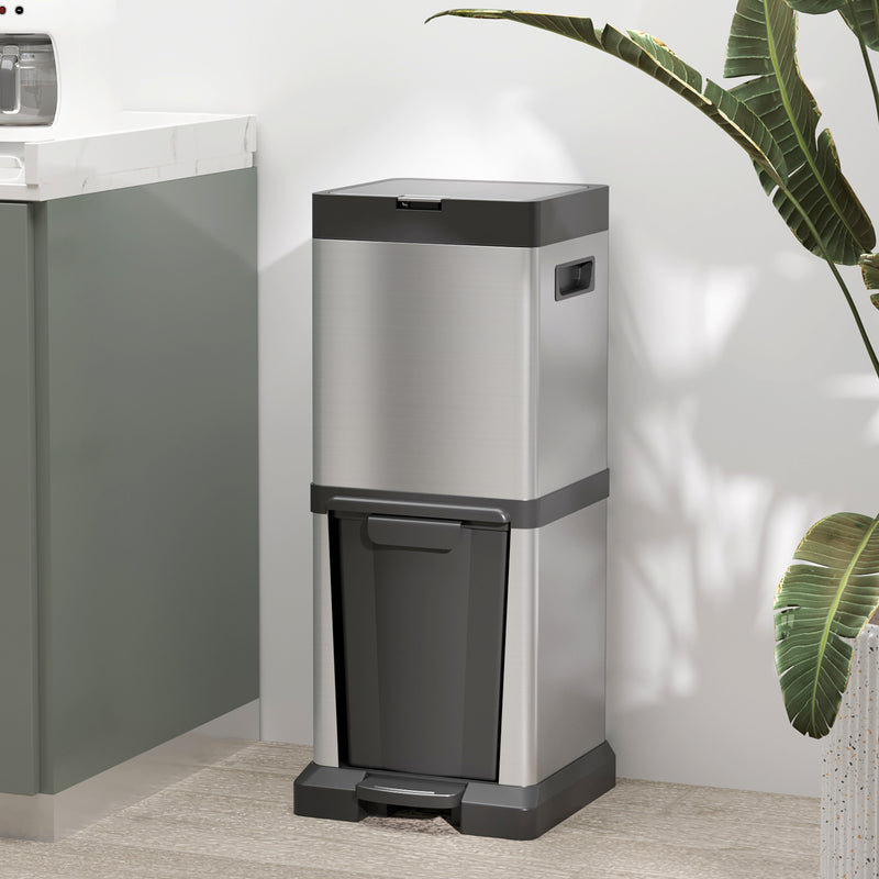 HOMCOM 20+14L Double Kitchen Bin, Pedal Bin With Soft-Close Lid, Silver