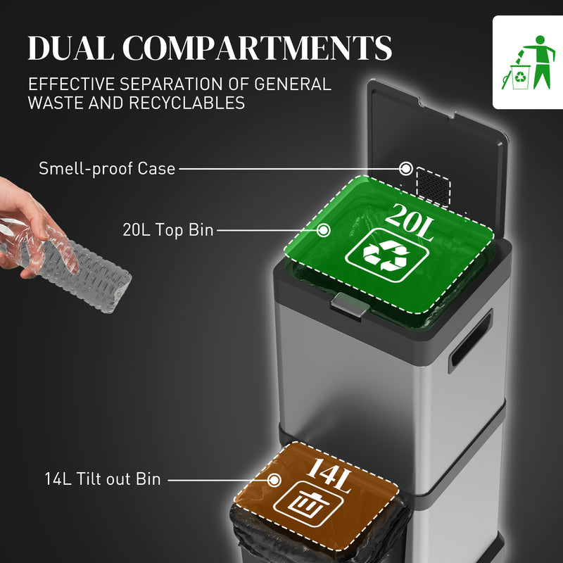 HOMCOM 20+14L Double Kitchen Bin, Pedal Bin With Soft-Close Lid, Silver