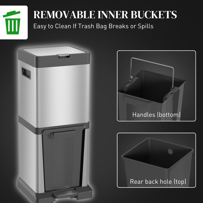 HOMCOM 20+14L Double Kitchen Bin, Pedal Bin With Soft-Close Lid, Silver