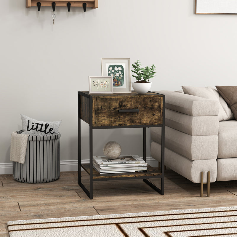 HOMCOM Modern Bedside Table, Nightstand with Drawer Shelf Rustic Brown