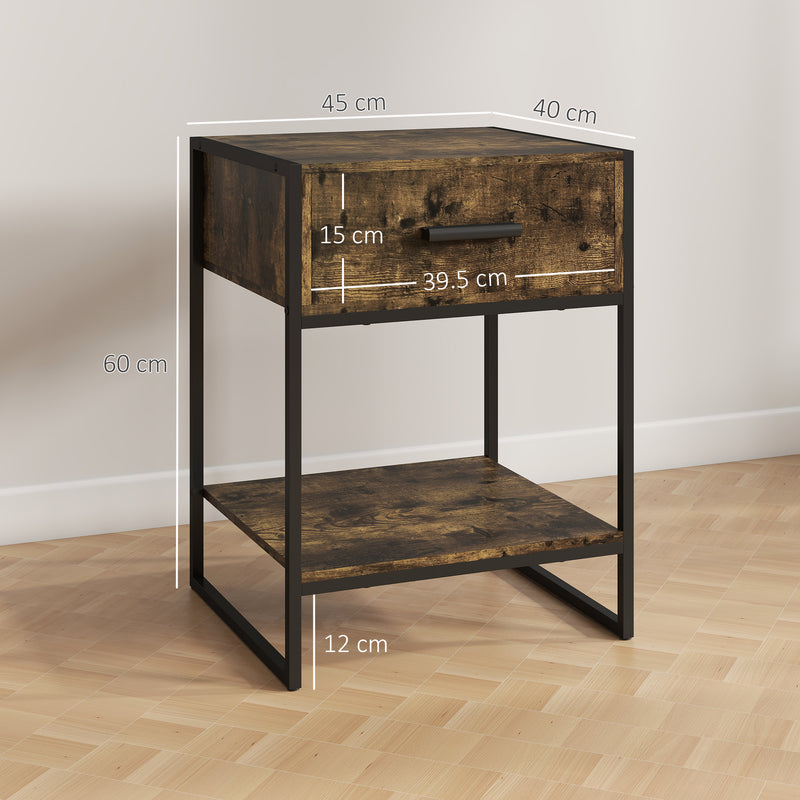 HOMCOM Modern Bedside Table, Nightstand with Drawer Shelf Rustic Brown