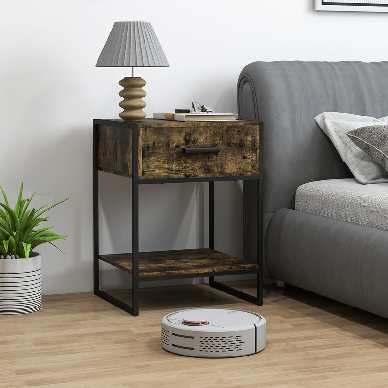 HOMCOM Modern Bedside Table, Nightstand with Drawer Shelf Rustic Brown