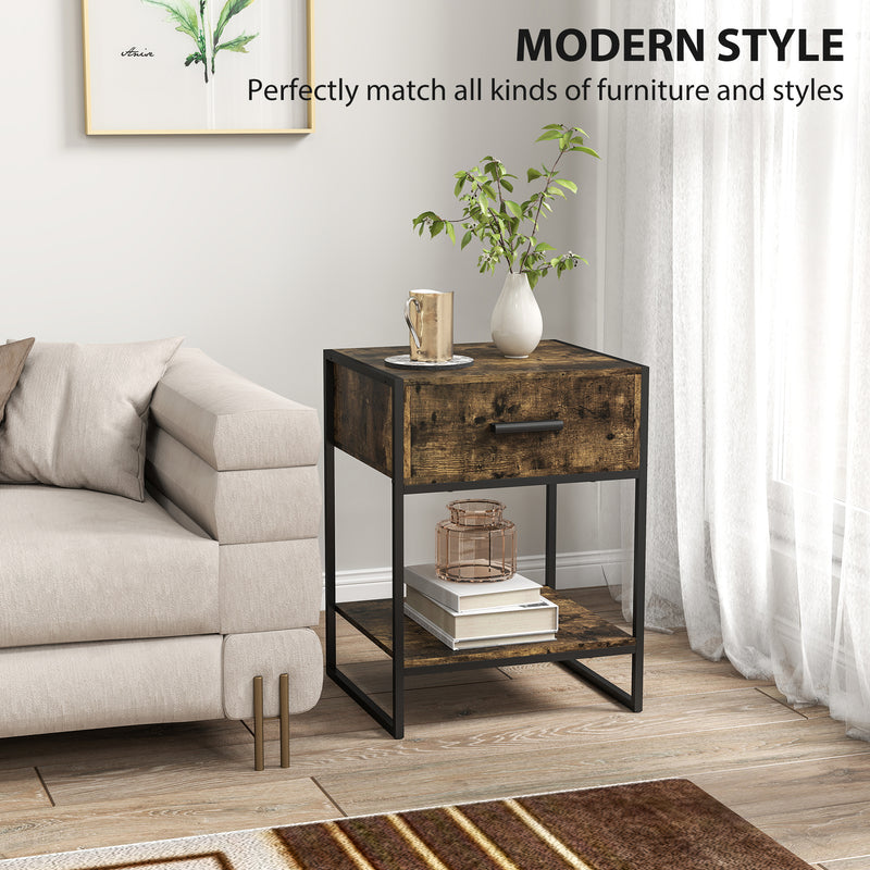 HOMCOM Modern Bedside Table, Nightstand with Drawer Shelf Rustic Brown