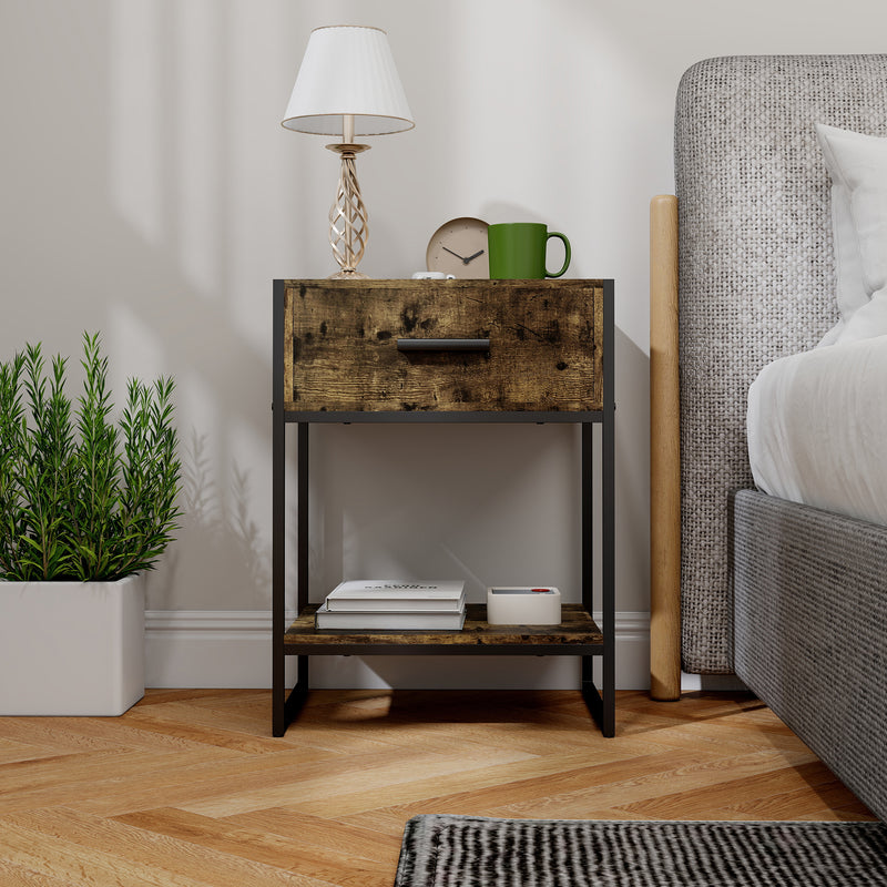 HOMCOM Modern Bedside Table, Nightstand with Drawer Shelf Rustic Brown
