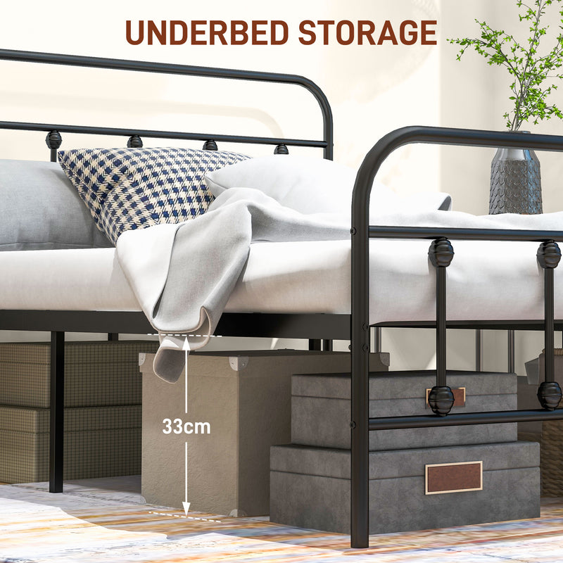 HOMCOM 4ft Metal Double Platform Bed Frame W/ Underbed Storage Headboard White/Black