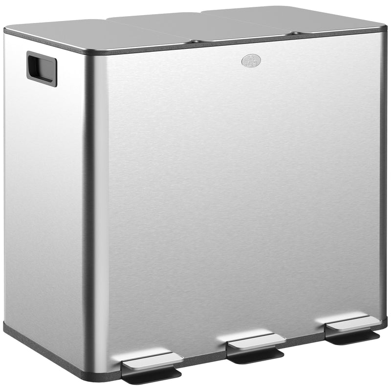 HOMCOM 3 x 15L Triple Kitchen Bin Pedal Bin for Recycling and Waste