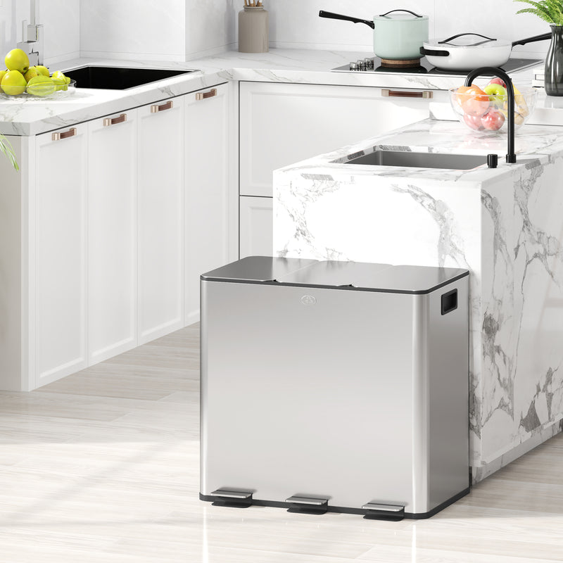 HOMCOM 3 x 15L Triple Kitchen Bin Pedal Bin for Recycling and Waste