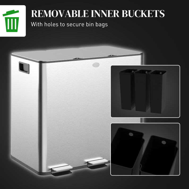 HOMCOM 3 x 15L Triple Kitchen Bin Pedal Bin for Recycling and Waste