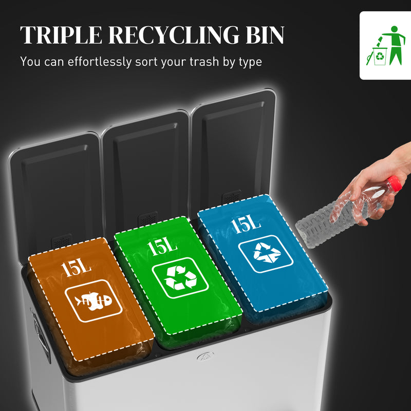 HOMCOM 3 x 15L Triple Kitchen Bin Pedal Bin for Recycling and Waste