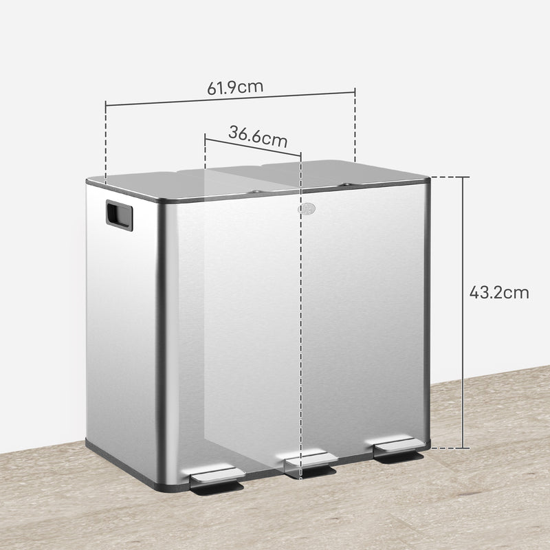 HOMCOM 3 x 15L Triple Kitchen Bin Pedal Bin for Recycling and Waste