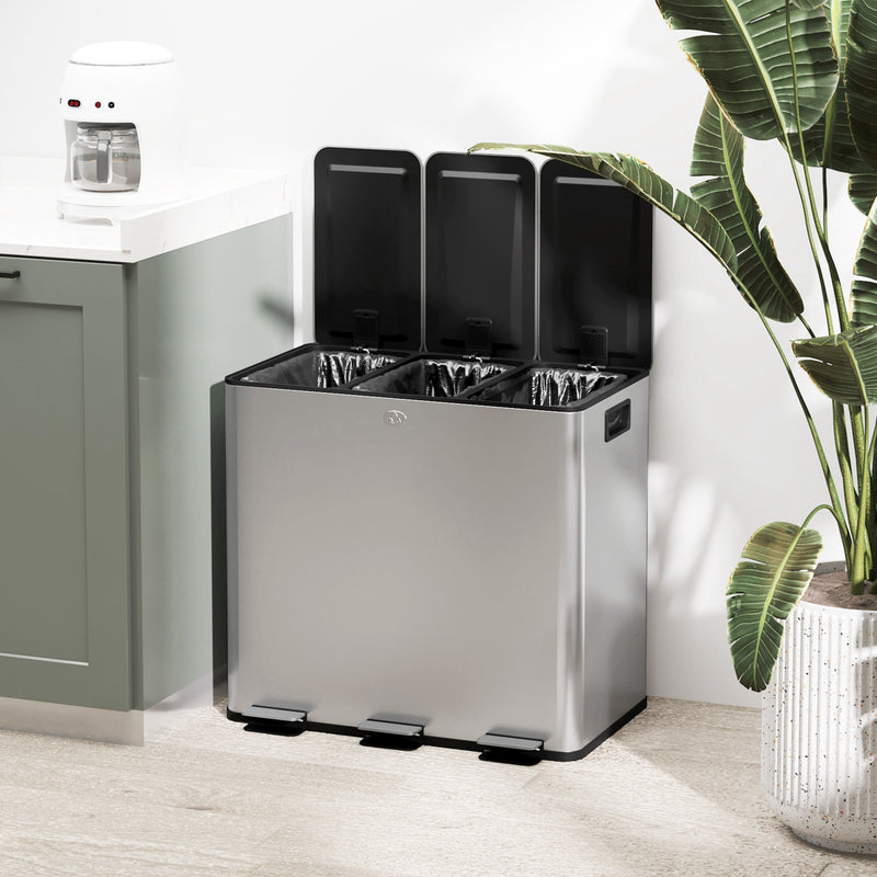 HOMCOM 3 x 15L Triple Kitchen Bin Pedal Bin for Recycling and Waste