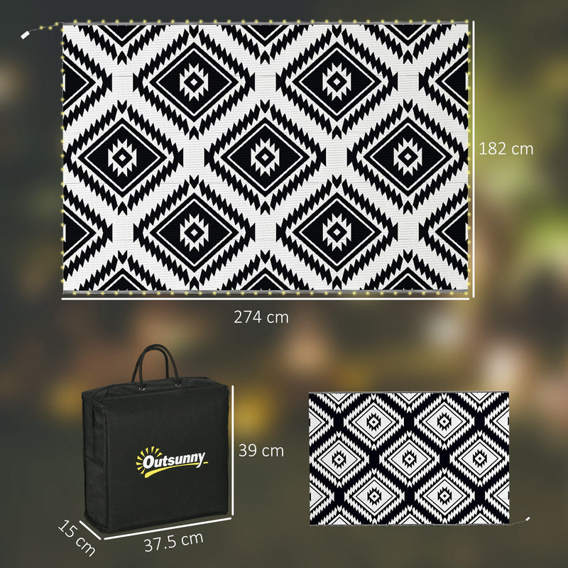 Outsunny Waterproof Outdoor Rug W/ LED String Light, 182 x 274cm, Black & White