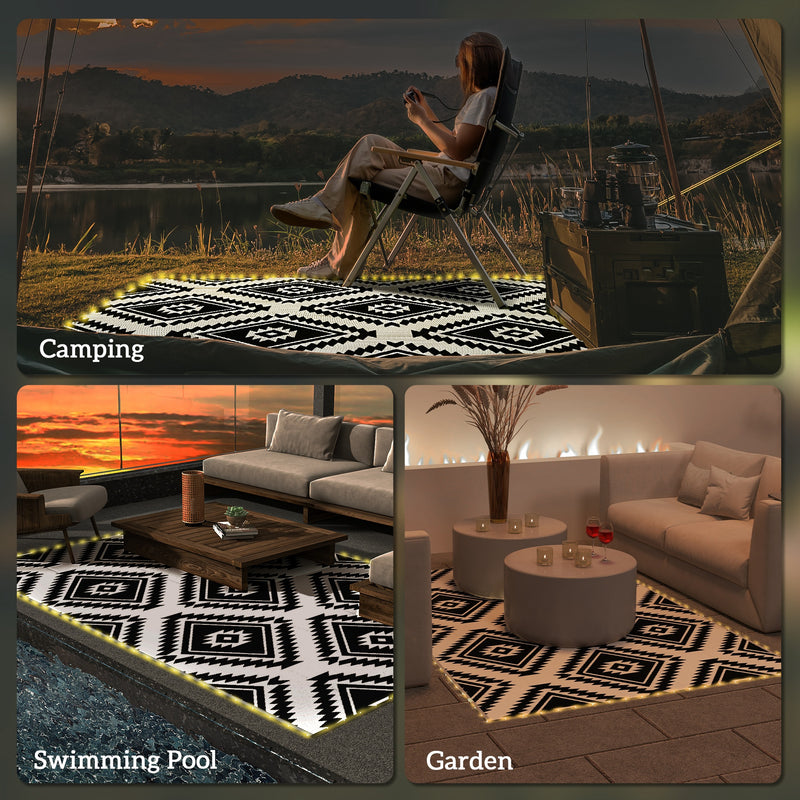 Outsunny Waterproof Outdoor Rug W/ LED String Light, 182 x 274cm, Black & White
