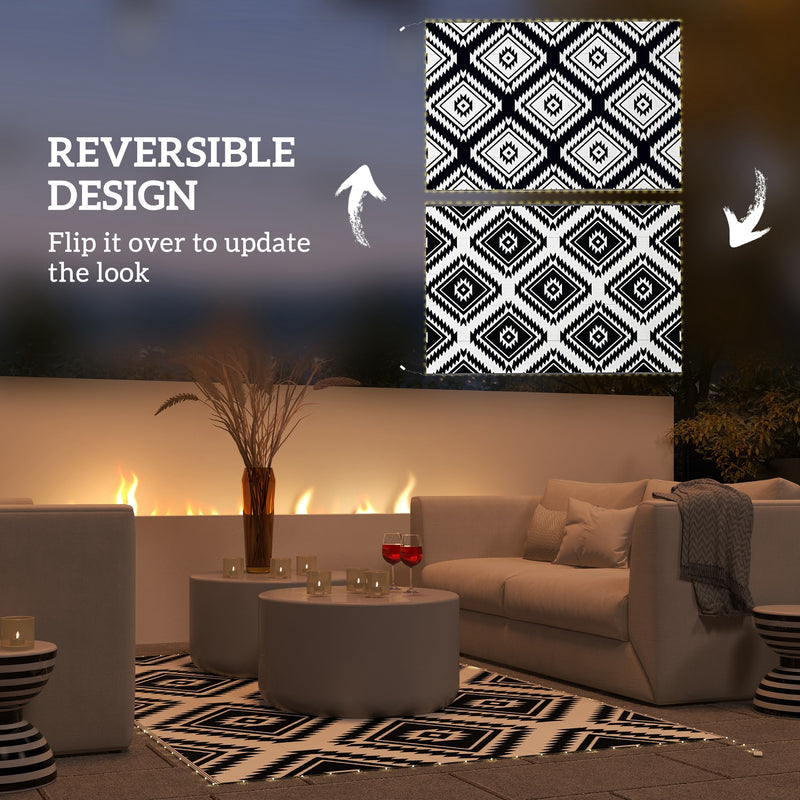 Outsunny Waterproof Outdoor Rug W/ LED String Light, 182 x 274cm, Black & White