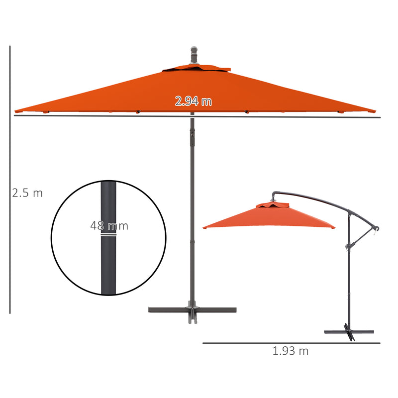 Outsunny 3 m Cantilever Parasol with Cross Base, Crank Handle, 6 Ribs