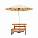 Outdoor 4 Person Rectangular Wooden Garden Dining Table, 2 Benches with Cream Parasol and Base Set