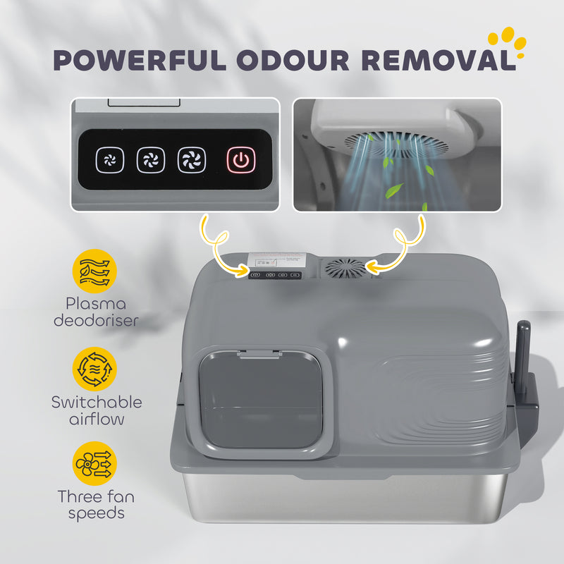 PawHut 65L XL Stainless Steel Litter Tray with Plasma Deodoriser System