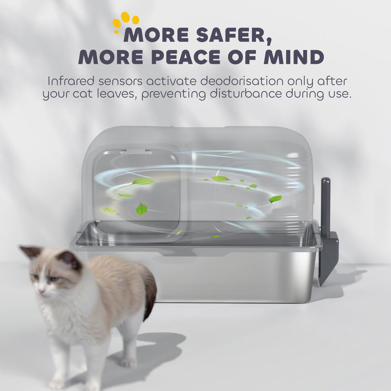 PawHut 65L XL Stainless Steel Litter Tray with Plasma Deodoriser System