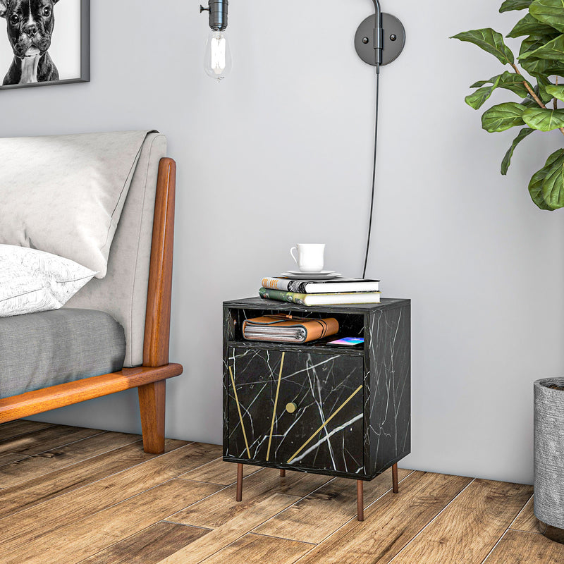 HOMCOM Modern Bedside Table with Drawer and Open Shelf Black Marble Effect