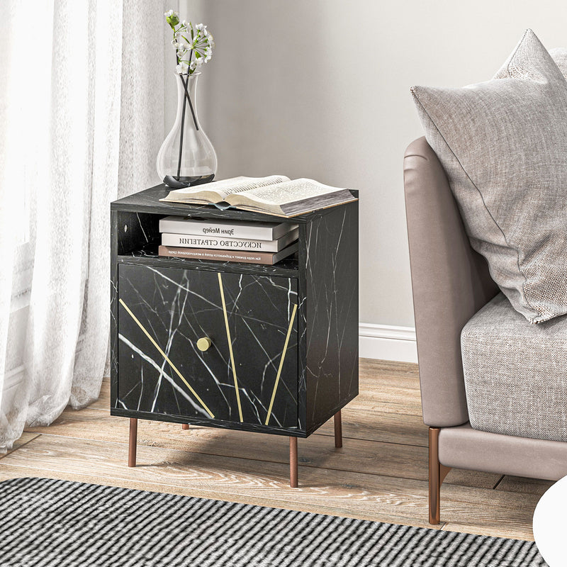 HOMCOM Modern Bedside Table with Drawer and Open Shelf Black Marble Effect