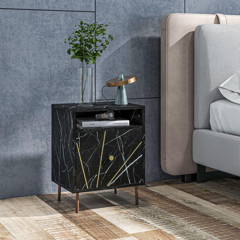 HOMCOM Modern Bedside Table with Drawer and Open Shelf Black Marble Effect