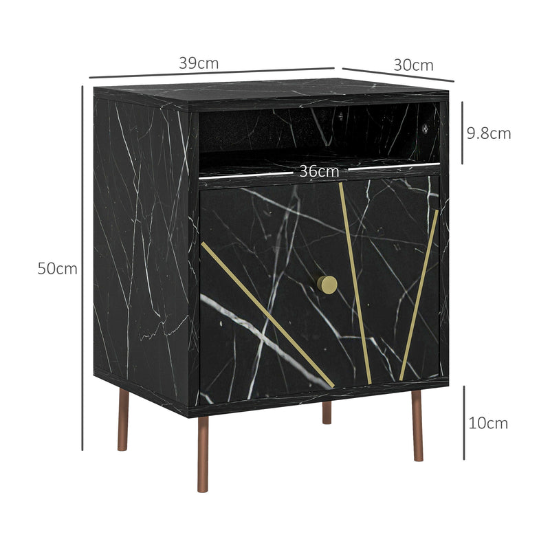 HOMCOM Modern Bedside Table with Drawer and Open Shelf Black Marble Effect