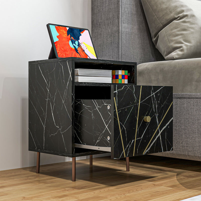 HOMCOM Modern Bedside Table with Drawer and Open Shelf Black Marble Effect