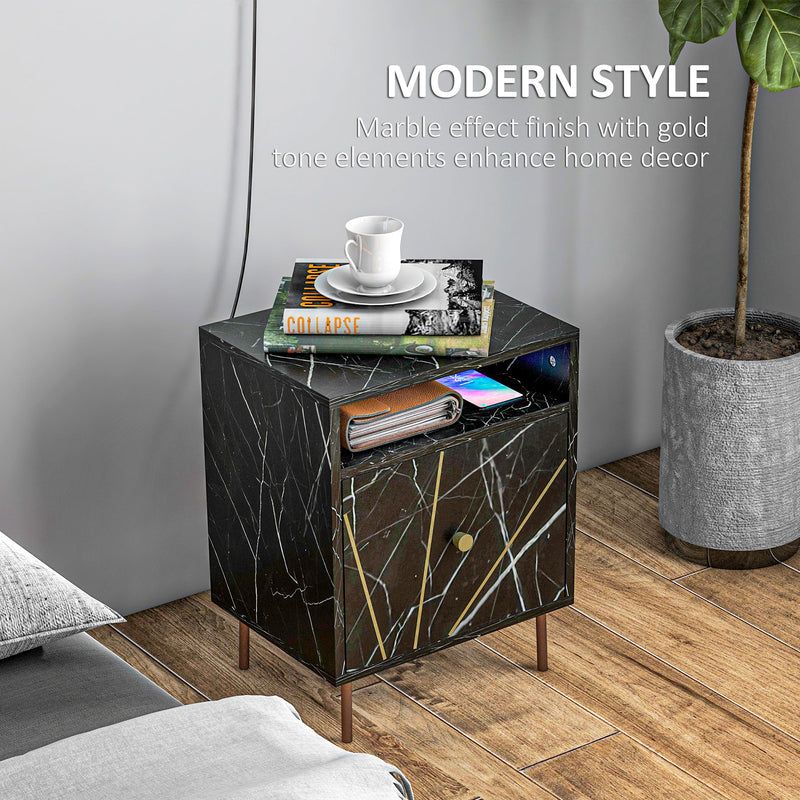 HOMCOM Modern Bedside Table with Drawer and Open Shelf Black Marble Effect