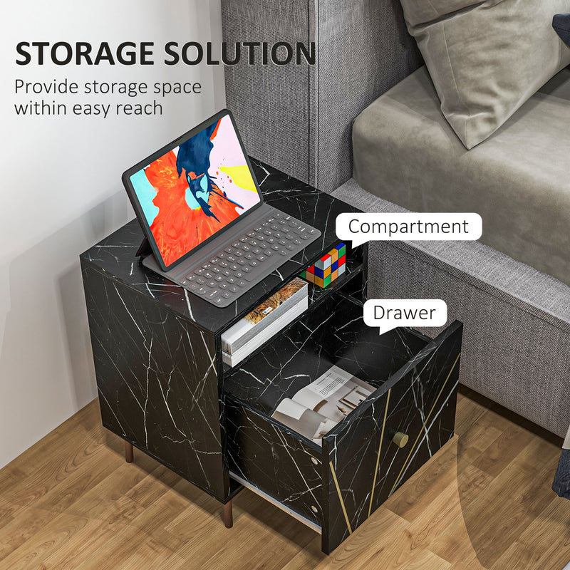 HOMCOM Modern Bedside Table with Drawer and Open Shelf Black Marble Effect