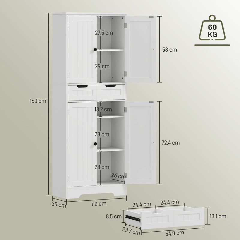 HOMCOM Bathroom Tall Cabinet with Drawer, Adjustable Shelf and Doors, White