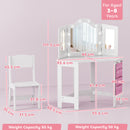 AIYAPLAY Kids Vanity Table and Stool with Lights, Tri-Folding Mirror, White