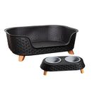 77cm x 58cm Black Plastic Raised Pet Basket with Legs and Black Plastic Double Pet Bowl Feeder with Stand Set