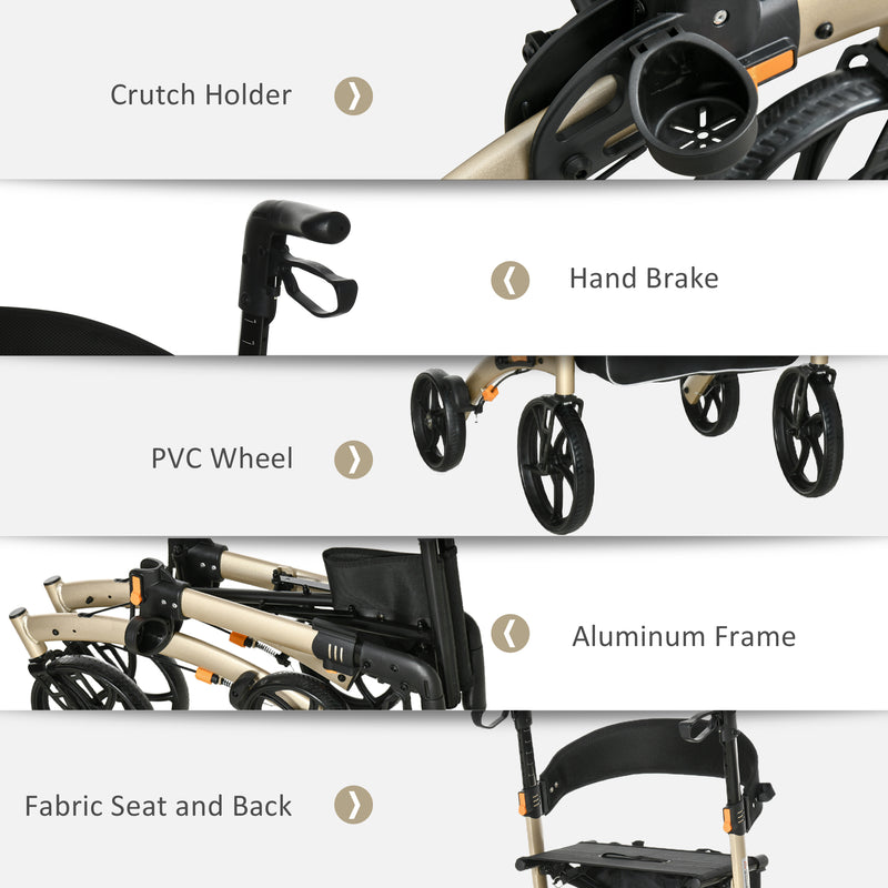 HOMCOM Folding Rollator, 4 Wheeled Aluminum Mobility Walker with Seat and Bag