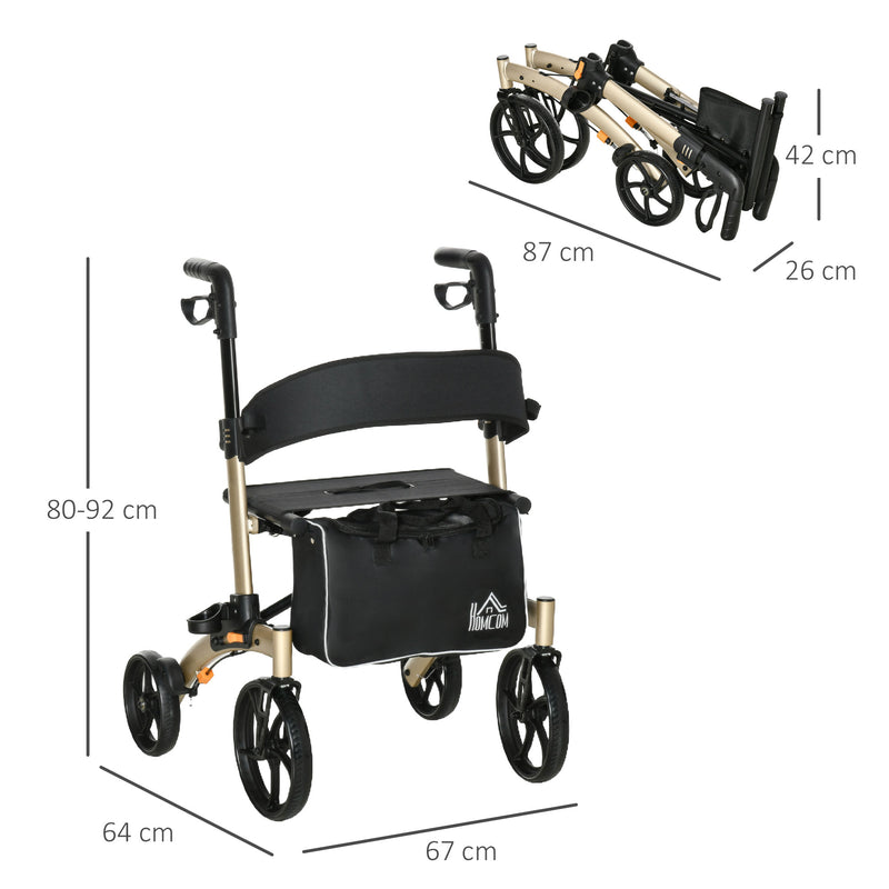 HOMCOM Folding Rollator, 4 Wheeled Aluminum Mobility Walker with Seat and Bag